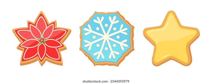 Navidades galletas de jengibre estrellas. Galletas de azúcar con glaseado. Poinsettia de jengibre, copo de nieve, Formas estrelladas. Linda Ilustración vectorial de dibujos animados panadería casera.