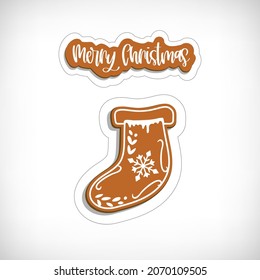 Christmas gingerbread cookies sticker. Merry Christmas stickers. Christmas sock sticker, festive cookies decorated with glazed sugar. Vector illustration.