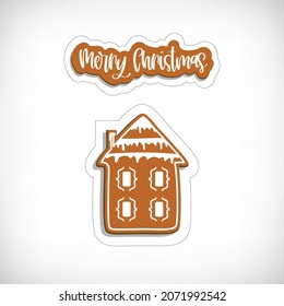 Christmas gingerbread cookies sticker. Merry Christmas stickers. Christmas gingerbread house sticker, festive cookies decorated with glazed sugar. Vector illustration.