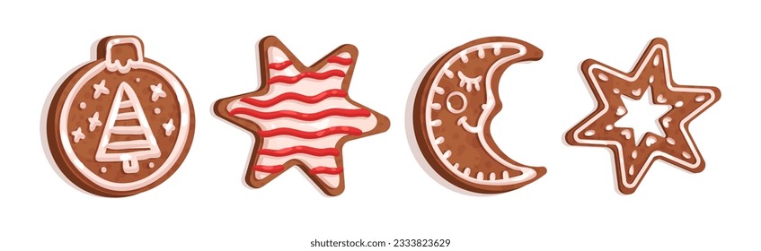 Christmas Gingerbread Cookies with Sugar Glaze Vector Set