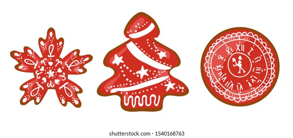 Christmas gingerbread cookies. Sweets with icing. New Year's desserts. Red color.