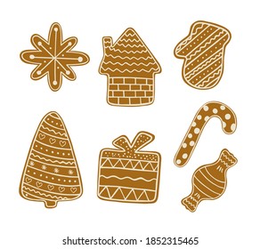 Christmas gingerbread cookies traditional holiday celebration design hand drawn in doodle style decorated with sugar icing winter sweet food for greeting card, invitations, banner vector illustration