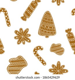Christmas gingerbread cookies traditional holiday celebration repeat pattern hand drawn in doodle style decorated with sugar icing winter sweet food for greeting card, invitations, textile