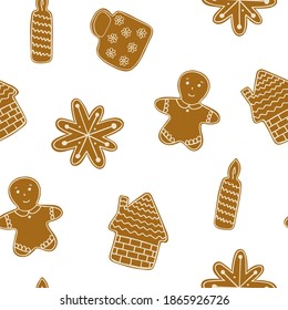 Christmas gingerbread cookies traditional holiday celebration repeat pattern hand drawn in doodle style decorated with sugar icing winter sweet food for greeting card, invitations, textile