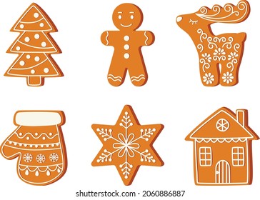 Christmas gingerbread cookies, traditional holiday food. Vector Xmas tree, man, deer, star, house, mitten. Vector illustration