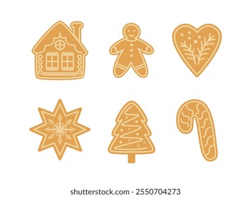 Biscoitos de gengibre de Natal. Biscoitos xmas tradicionais. Pão de gengibre, casa de pão de gengibre. Doces caseiros para festas de inverno. Apreciação de crianças. Ilustrações vetoriais isoladas em branco.