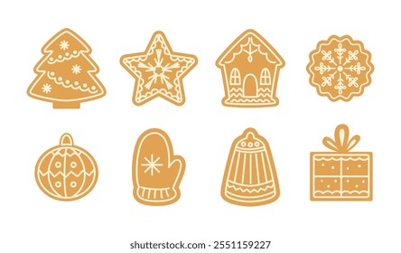 Christmas gingerbread cookies. Traditional xmas biscuits. Gingerbread  house. Homemade sweets for winter festive holidays. Children's treat. Vector illustrations isolated on white.