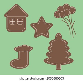 Christmas gingerbread cookies. Christmas tree, star, house, Christmas plant, felt boots. Background for screens. New Year and Christmas pattern.