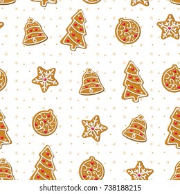 CHRISTMAS GINGERBREAD COOKIES. TRENDY HOMEMADE HOLIDAY DECORATION DESIGN. SEAMLESS VECTOR PATTERN ON WHITE BACKGROUND