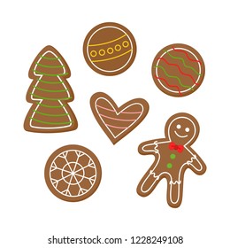 Christmas gingerbread cookies vector illustration icon set. Festive, holiday, traditional gingerbread man, snowflake, heart, xmas tree and ornaments decorated with sugar icing.
