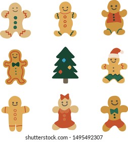 Christmas gingerbread cookies vector illustration icon set. Festive, holiday, traditional gingerbread man. Perfect for christmas banners, greeting cards and presentations. Vector illustration.