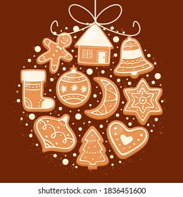 Christmas Gingerbread Cookies. Vector Illustration Of Winter Gingerbread For Web, Poster, Invitation. Christmas Treats With Santa's House, Snowflake, Crescent, Gingerbread Man, Bell, Christmas Tree