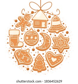 Christmas gingerbread cookies. Vector illustration of winter gingerbread for web, poster, invitation. Christmas treats with Santa's house, snowflake, crescent, gingerbread man, bell, Christmas tree