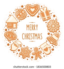 Christmas gingerbread cookies. Vector illustration of winter gingerbread for web, poster, invitation, greeting card. Christmas treats with Santa's house, snowflake, crescent, gingerbread man, bell