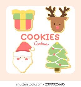 Christmas gingerbread cookies. Vector illustration of cartoon that is cute and bright, text, tree, gift, Santa, reindeer.