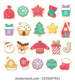 Christmas gingerbread cookies. Vector objects for Christmas design. Cartoon illustration of holiday icons - ginger bread house, Christmas tree, poinsettia, snowflake cookie, etc.