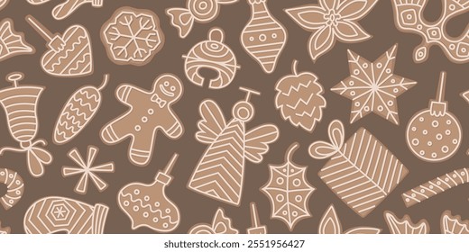 Christmas gingerbread cookies vector seamless pattern. Traditional holiday sweets for kids. Background for wrapping paper, card, banner.