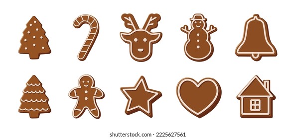 Christmas Gingerbread cookies vector set. Christmas cookies with icing. Flat illustration