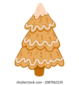 Christmas gingerbread cookies with white glaze. New Year sweet, festive decoration. Vector flat illustration on white background