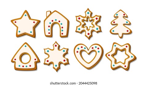 Christmas gingerbread cookies. Winter glazed biscuits in shape of gingerbread house and tree, star and snowflake and heart. Cartoon Vector illustration