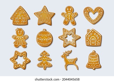 Galletas de jengibre de Navidad. Pasteles de invierno en forma de casa y hombre de pan de jengibre, árbol y reno, estrella y copo de nieve, timbre de jingle y formas de corazón. Ilustración del vector de dibujos animados