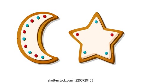 Christmas Gingerbread cookies. Winter homemade sweet biscuit in shape of moon and star and snowflake. Cute Cartoon Vector illustration