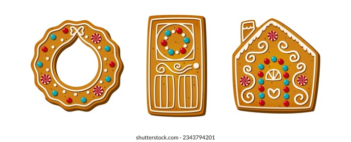 Christmas gingerbread cookies. Winter homemade xmas sweets in shape of house, festive door and wreath. Cartoon vector illustration