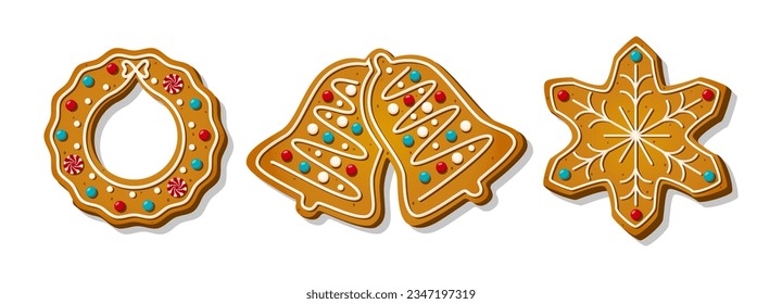 Christmas gingerbread cookies. Winter homemade xmas sweets in shape of snowflake, festive bells and wreath. Cartoon vector illustration.