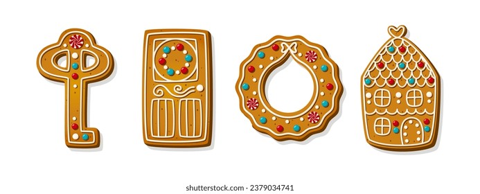 Christmas gingerbread cookies. Winter homemade xmas sweets in shape of house, festive door with key and wreath. Cute cartoon vector illustration