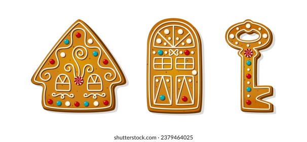 Christmas gingerbread cookies. Winter homemade xmas sweets in shape of house and festive door with key. Cute cartoon vector illustration