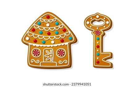 Galletas de jengibre de Navidad. Pasteles caseros de Navidad de invierno en forma de casa, puerta festiva con llave y corona. Ilustración vectorial de dibujos animados