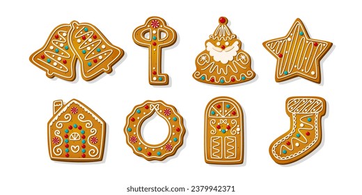 Christmas gingerbread cookies. Winter homemade xmas sweets in shape of house and gingerbread man, star and snowflake, santa and heart, bird and rabbit and sock. Cartoon Vector illustration