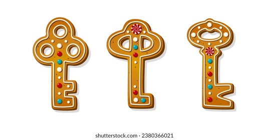 Christmas gingerbread cookies. Winter homemade xmas sweets in shape of festive keys. Cute cartoon vector illustration isolated on white background