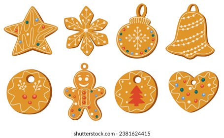 Christmas gingerbread cookies. Winter homemade xmas sweets in shape of stars and gingerbread man, bell and snowflake, heart, christmas tree toy. Cartoon Vector illustration