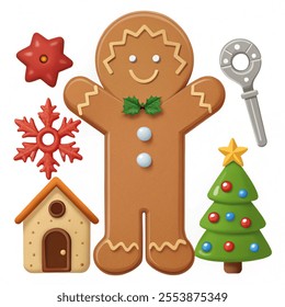 Christmas gingerbread cookies. Winter homemade xmas sweets in shape of gingerbread man and door with key, tree and snowflake, wreath and toy. illustration vector on white background.