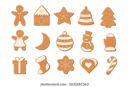 Biscoitos de gengibre de Natal. Doces caseiros de inverno em forma de casa, homem, estrela, floco de neve, coração, boneco de neve, árvore, sino, lua, brinquedo.