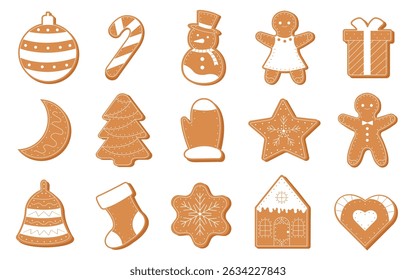 Christmas gingerbread cookies. Winter homemade christmas sweets in shape of house, man, star, snowflake, heart, snowman, tree, bell, moon, toy.