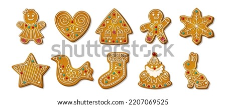 Christmas gingerbread cookies. Winter homemade xmas sweets in shape of house and gingerbread man, star and snowflake, santa and heart, bird and rabbit and sock. Cartoon Vector illustration