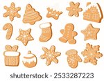 Christmas Gingerbread Cookies. Winter sweet homemade biscuits in different shapes isolated on white background.