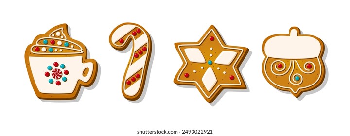 Christmas Gingerbread Cookies. Winter sweet homemade biscuits in different shapes isolated on white background. Holiday cartoon vector illustration.