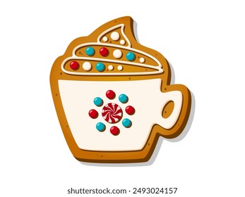 Christmas Gingerbread Cookies. Winter sweet homemade biscuits in the coffee cup shape isolated on white background. Holiday cartoon vector illustration