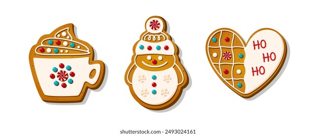 Christmas Gingerbread Cookies. Winter sweet homemade biscuits in different shapes isolated on white background. Xmas cartoon vector illustration