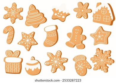 Christmas Gingerbread Cookies. Winter sweet homemade biscuits in different shapes isolated on white background.