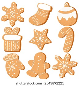 Christmas Gingerbread Cookies. Winter sweet homemade biscuits in different shapes isolated on white background.	