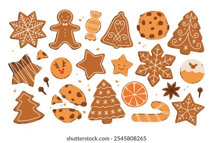 Christmas Gingerbread Cookies. Winter sweet homemade biscuits in different shapes isolated on white background.