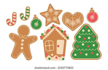 Christmas gingerbread cookies. Winter sweet cookies of different shapes, isolated on a white background