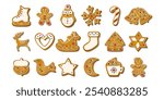 Christmas Gingerbread cookies for xmas celebration. Winter homemade sweets in festive shapes isolated on white background. Cute flat biscuits. Cartoon vector illustration.