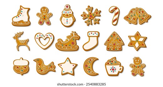 Weihnachten Lebkuchen Kekse für Weihnachtsfeier. Winterhausgemachte Süßigkeiten in festlichen Formen einzeln auf weißem Hintergrund. Süße flache Kekse. Cartoon, Vektorgrafik.