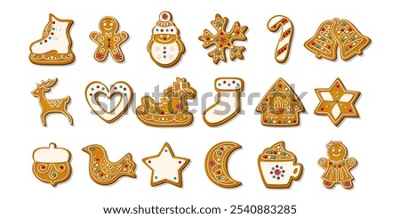 Christmas Gingerbread cookies for xmas celebration. Winter homemade sweets in festive shapes isolated on white background. Cute flat biscuits. Cartoon vector illustration.