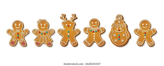 Christmas Gingerbread cookies in xmas person shapes. Winter homemade cakes in festive shapes isolated on white background. Cute childish cartoon vector illustration.